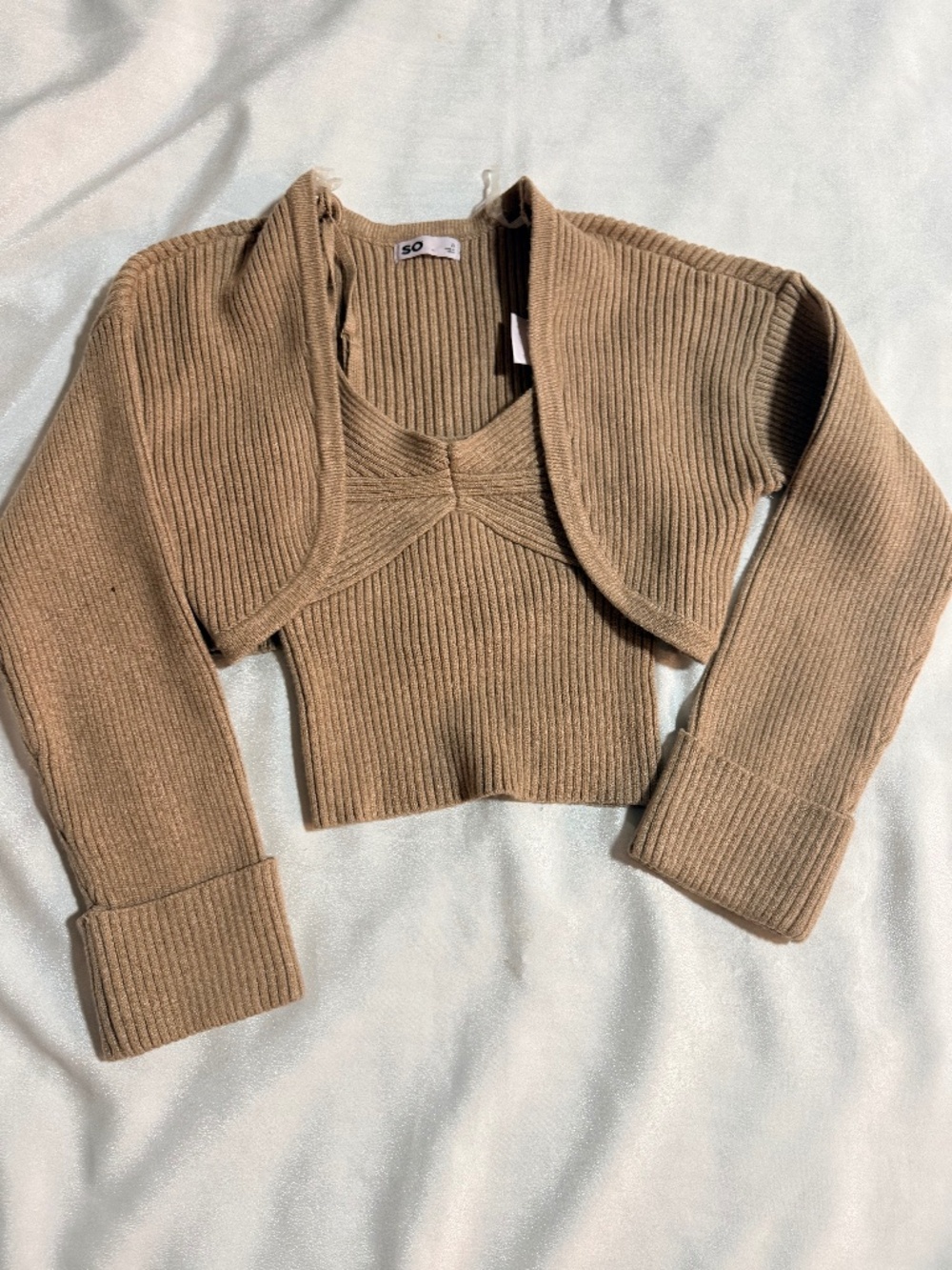 SO Women’s 2 Piece Ribbed Knit Crop Top & Shrug Set Size S NWT